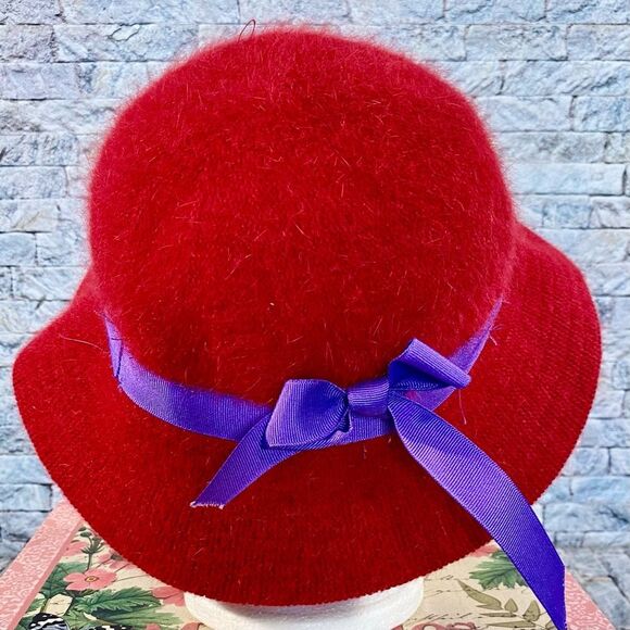 Vintage Red Wool & Angora Blend Hat Purple Ribbon Accents Angel - Picture 2 of 5